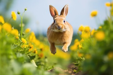 rabbit hopping through a field of summer flowers