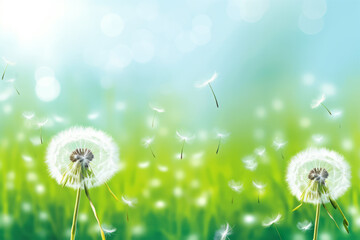 Dandelion fluff. Spring winds whisk it away. We pray for a successful journey and reaching the destination after overcoming difficulties. A concept for spring and adventure.