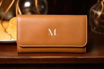 laid out monogrammed leather wallet under studio lights