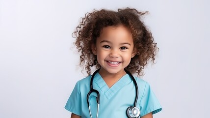 Cute little curly African American doctor kid girl playing doctor with stethoscope on white background .Adorable child girl uniformed as doctor with copy space. AI.