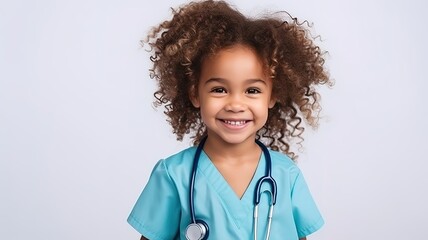 Cute little curly African American doctor kid girl playing doctor with stethoscope on white background .Adorable child girl uniformed as doctor with copy space. AI.