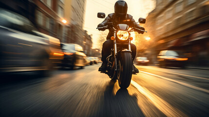 Custom motorbike biker rider on blurred city street - obrazy, fototapety, plakaty