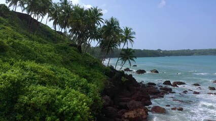 Capture the mesmerizing beauty of Goa's tree-lined beach with its crystal-clear blue waters and rhythmic waves in this stunning drone video. Experience the serene and picturesque coastal charm of this