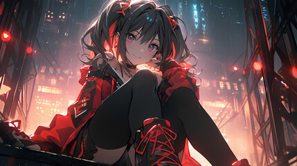 Goth Anime / Manga Girl at Night - (Victorian Era, Gothic Fashion, Corset, Lace, Black, Dark, Makeup, Nails, Eyes, Close Up, Manga girl, Pretty anime girl, Jewellery, Jewelry, Nightlife, Night, Art)