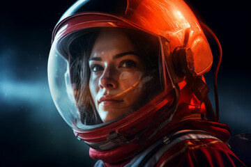 A female astronaut wearing an astronaut helmet in orbit looking around space