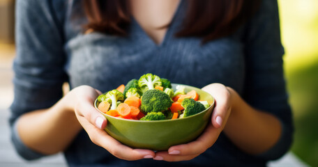 Woman holding Buddha bowl with salad, broccoli, greens, carrots, tomatoes, peppers, sprouts in...