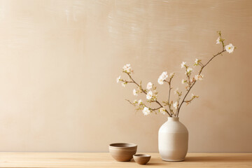 Walls in warm neutrals pair with a blend of Japanese and Scandinavian textiles. A Kintsugi-repaired ceramic vase holds wildflowers, representing the beauty in imperfection