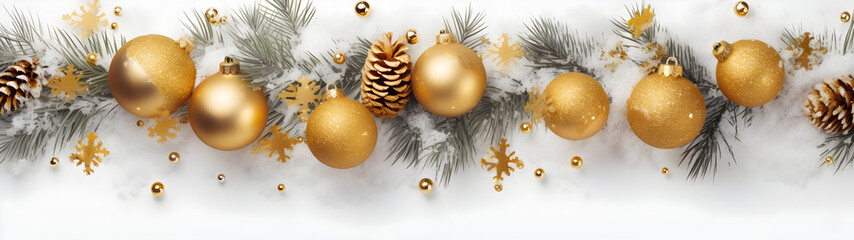 Golden Christmas balls, stars, pine cones and spruce branches in a row covered with snow on white background in winter. Horizontal composition. - obrazy, fototapety, plakaty