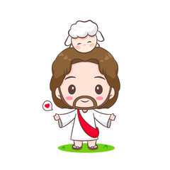 Obraz premium Cute Jesus Christ cartoon character. Christian religion concept design. Hand drawn Chibi character clip art sticker Isolated white background. Vector art illustration