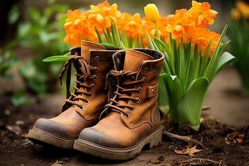 boots in garden, spring concept. Generative AI