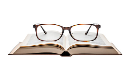 Open Book with Reading Glasses Isolated on Transparent or White Background, PNG