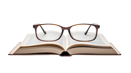 Open Book with Reading Glasses Isolated on Transparent or White Background, PNG