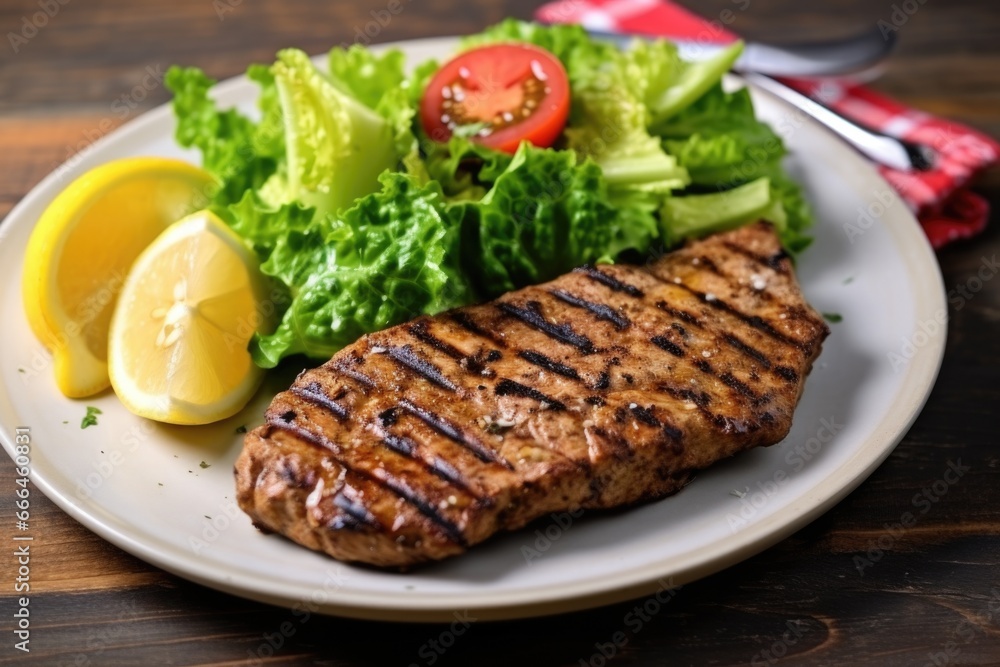 Poster grilled seitan steak with lemon wedges and salad