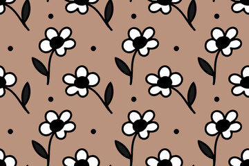 CUTE AND NICE CARTOON BLACK AND WHITE FLOWER. Seamless vector pattern for design and decoration.