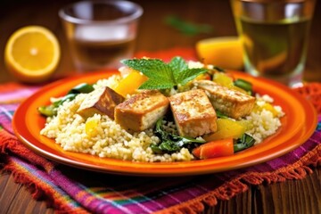 grilled tofu with couscous on a colorful dish