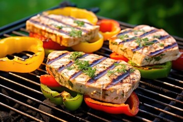 close-up of grilled tofu steaks with bell peppers and lemon zest