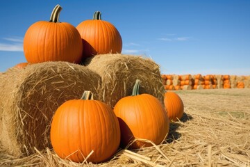 orange pumpkins on a haystack in a farm