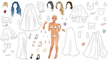 Prom Fashion Coloring Page Paper Doll with Clothes, Hairstyles and Accessories. Vector Illustration