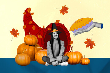 Collage portrait of black white effect arm hold give pumpkin pie mini cheerful girl flying fallen leaves isolated on beige background - Powered by Adobe