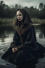 Beautiful girl in black dress sitting near the lake river. Gothic image, dark academy. Mysticism and mourning. - 666461443