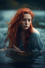 portrait of a woman in water. Beautiful red-haired girl underwater. Mermaid in blue water. Green background. Hair developing in a wave. - 666461449