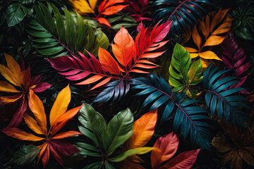 Fototapeta na wymiar Tropical vivid vibrant color background with exotic painted tropical leaves