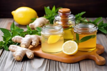 honey jars, lemon and ginger root arranged for herbal tea making