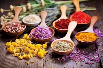 herbal tea ingredients: dried flowers, herbs, spices on spoons