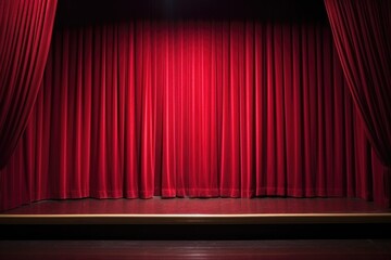 closed red curtain on a stage with spotlight illumination - obrazy, fototapety, plakaty