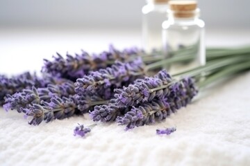 macro of dried lavender flowers on white table