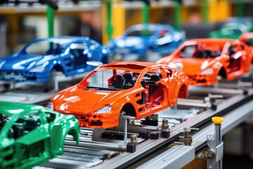toy car assembly line with individual parts