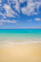 Closeup sea waves sand beach. Panoramic beach landscape. Inspire tropical island coast seascape...