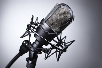 details of a microphone boom against neutral background