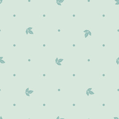 Fototapeta na wymiar Simple delicate print with leaves and dots. Seamless pattern