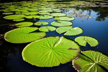 a group of common lily pads in a pond