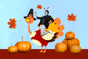 Collage picture of black white colors mini excited guy ride drawing turkey raise fists pumpkin...