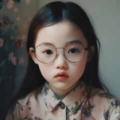 Vintage photo by Beautiful little girl, Asian, wearing glasses. Schoolgirl, smart and with glasses, black hair and bangs. - 666462820