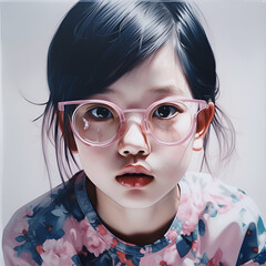Beautiful little girl, Asian, wearing glasses. Schoolgirl, smart and with glasses, black hair and bangs. ealistic marine paintings, childhood arcadias, onii kei, shiny/glossy, light white and navy - 666462821