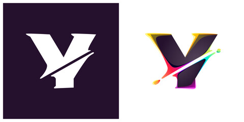 Y letter logo letter with cyber distortion, color shift effect. Double exposure font. Neon glitch illusion icon. Colorful type for futuristic tech heading, music poster, vibrant sale banner.