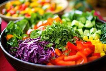 close-up of a green salad with colorful vegetables