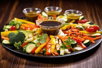 drip a sauce over mixed vegetable crudities on a platter - obrazy, fototapety, plakaty