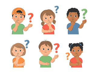 Different children ponder the question. Cartoon characters girl and boy for children design. Knowledge and education concept. Vector illustration