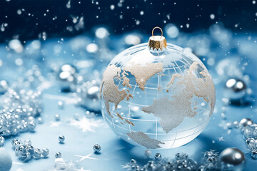 Christmas ball as world map decorated with sparkling silver ball, snowflake and shiny light background. - obrazy, fototapety, plakaty