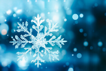 Fototapeta na wymiar Snowflake glass reflection on sun light, shiny bokeh background.