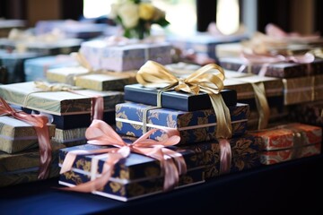 tightly packed gift boxes from a wedding reception - obrazy, fototapety, plakaty