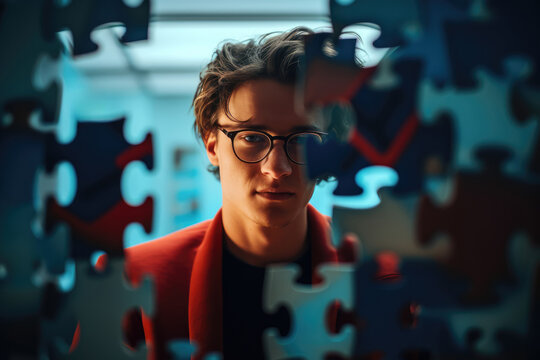 Intense Concentration: Young adult wearing glasses, deeply focused on a floating puzzle piece - AI Generated - Powered by Adobe