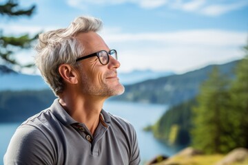 Heartwarming Gratitude: Man looking upwards with a tearful smile - AI Generated