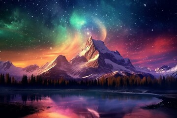A breathtaking view of sunrise over majestic mountains with a starry sky and mesmerizing Northern Lights. Generative AI - obrazy, fototapety, plakaty
