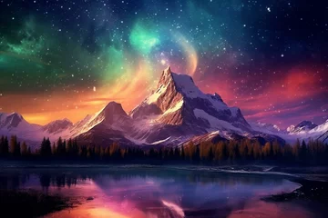 Foto auf Acrylglas A breathtaking view of sunrise over majestic mountains with a starry sky and mesmerizing Northern Lights. Generative AI © Arnav