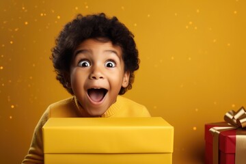 Surprise and Wonder: Child with wide eyes and open mouth, looking at a wrapped gift box - Christmas Season - AI Generated